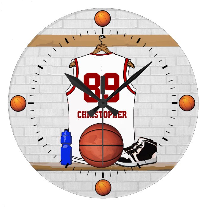 Personalized white Red Basketball Jersey Round Clocks