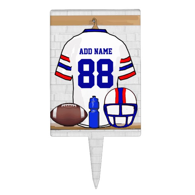 Personalized White Red Blue Football Jersey Cake Topper (Front)