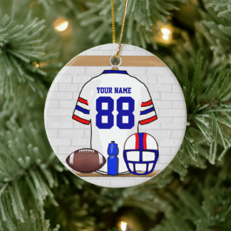 Personalized White Red Blue Football Jersey Ceramic Ornament