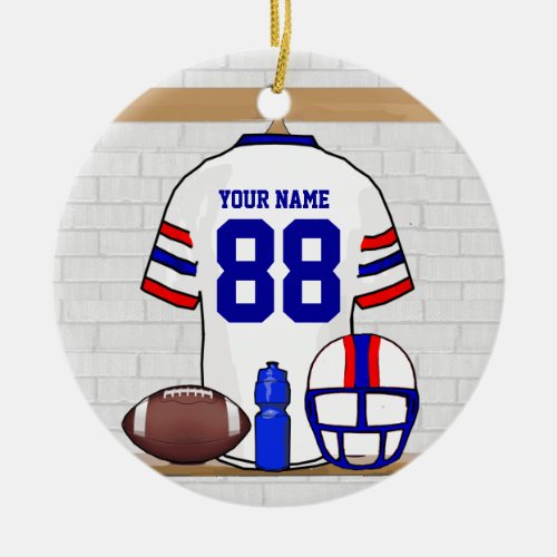 Personalized White Red Blue Football Jersey Ceramic Ornament