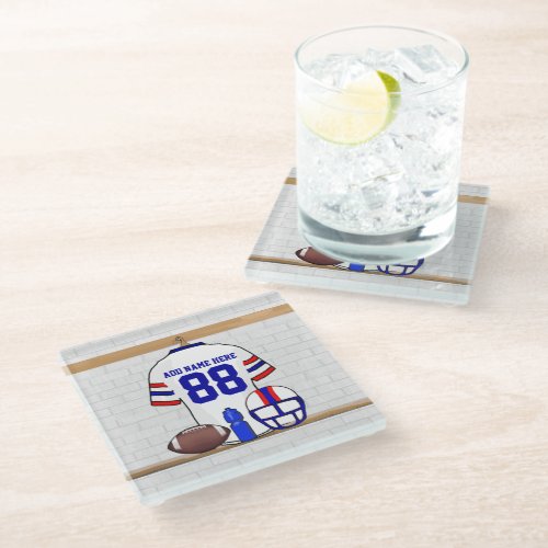 Personalized White Red Blue Football Jersey Glass Coaster