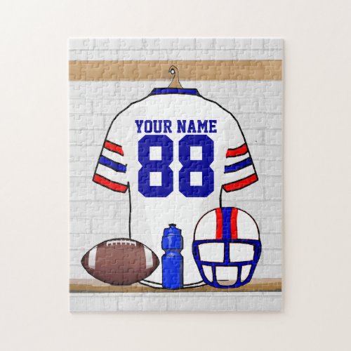 Personalized White Red Blue Football Jersey Jigsaw Puzzle