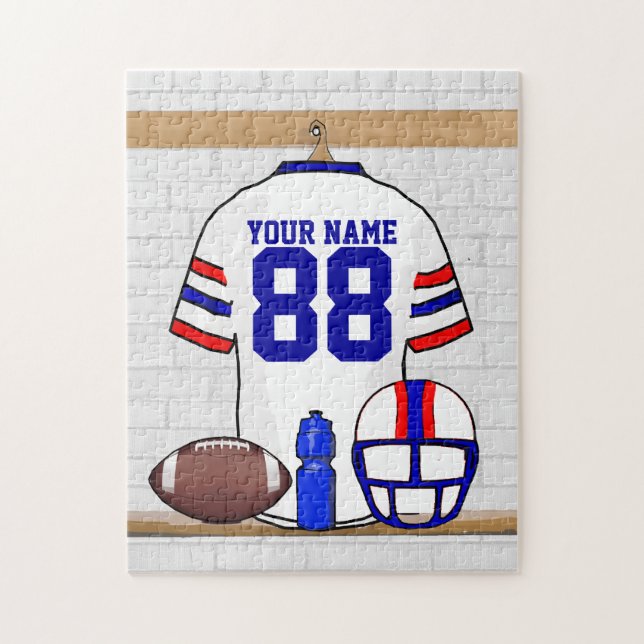 Personalized White Red Blue Football Jersey Jigsaw Puzzle (Vertical)