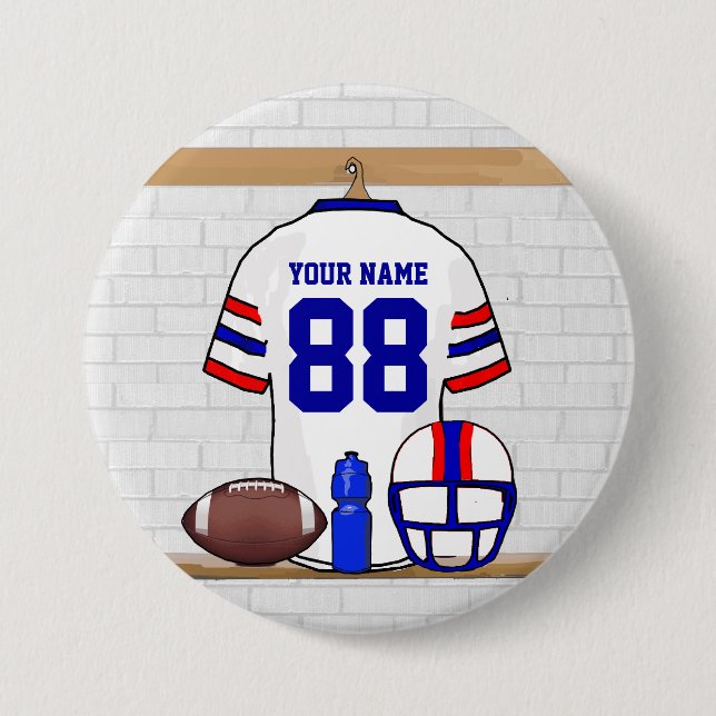 Personalized White Red Blue Football Jersey Pinback Button (Front)