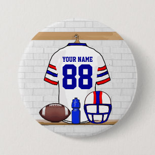Personalized White Red Blue Football Jersey Pinback Button