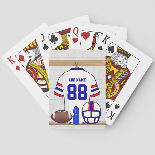 Personalized White Red Blue Football Jersey Poker Cards (Back)