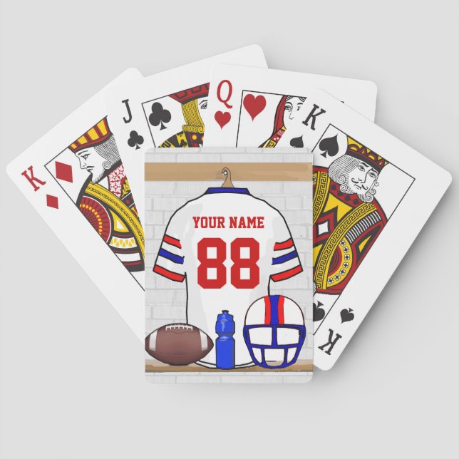 Personalized White Red Blue Football Jersey Poker Cards (Back)
