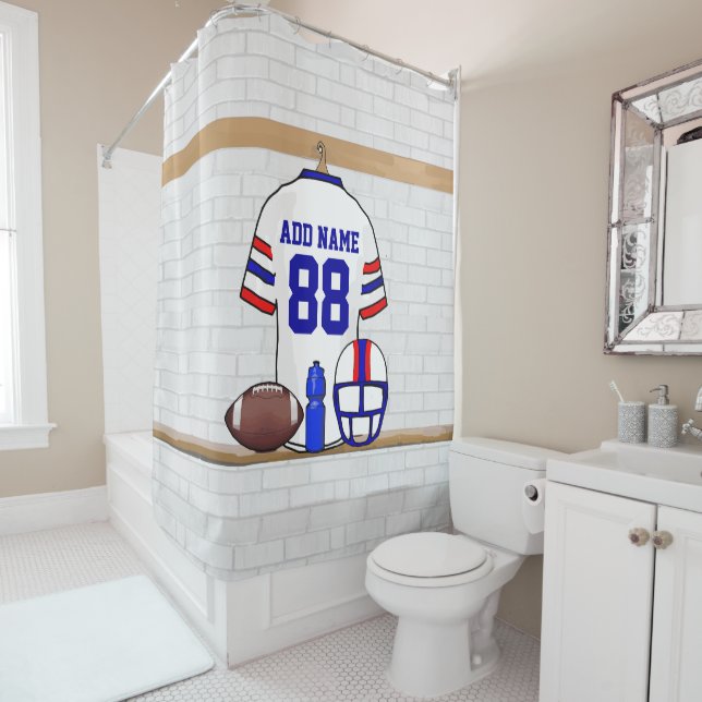 Personalized White Red Blue Football Jersey Shower Curtain (In Situ)