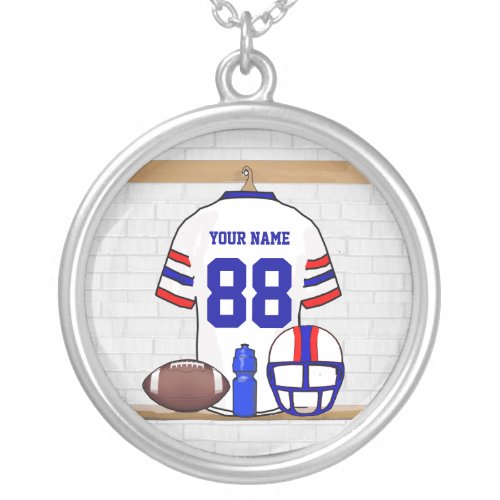 Personalized White Red Blue Football Jersey Silver Plated Necklace