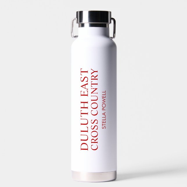Personalized White & Red School Name Sports Water Bottle (Front)