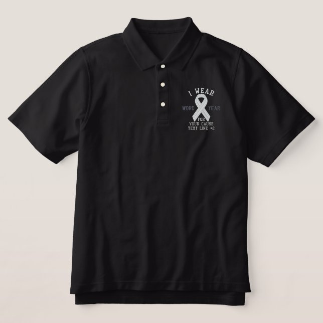 Personalized White Ribbon Awareness Embroidery Embroidered Polo Shirt (Design Front)