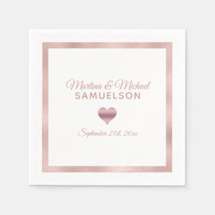 Personalized White Rose Gold Heart Frame Wedding Napkins