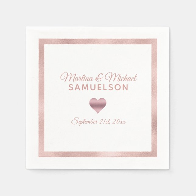 Personalized White Rose Gold Heart Frame Wedding Napkins (Front)
