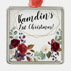 Personalized White Roses Gold Geometric Flor Metal Ornament