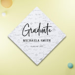 Personalized White Script Math Class of Graduate Graduation Cap Topper<br><div class="desc">Elegant personalized mathematics black and white graduation cap topper with a background of mathematical formulas and equations. Illustrated and designed by Patricia Alvarez.</div>