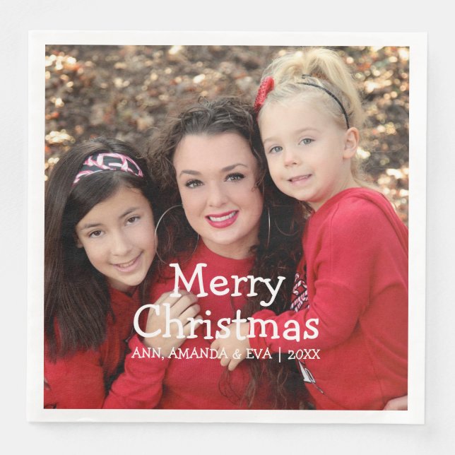 Personalized White Script Merry Christmas Photo Paper Dinner Napkins (Front)