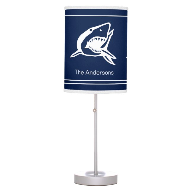 Personalized White Shark Navy Blue background Tabl Table Lamp (Front)