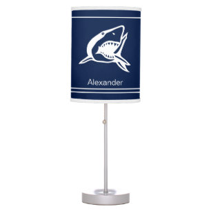 Personalized White Shark Navy Blue Nautical Table Lamp