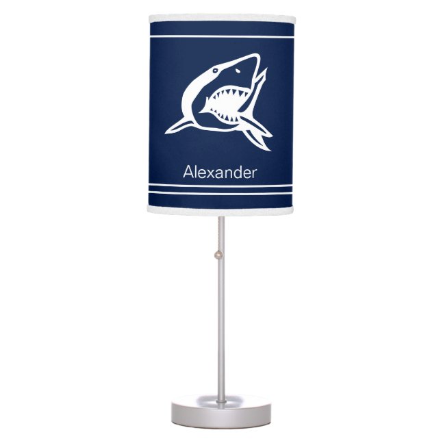 Personalized White Shark Navy Blue Nautical Table Lamp (Front)