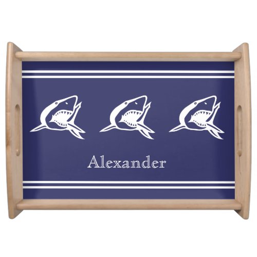 Personalized White Shark on blue background Serving Tray