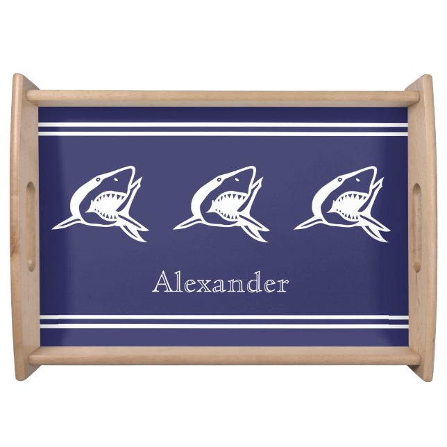 Personalized White Shark on blue background Serving Tray (Front)