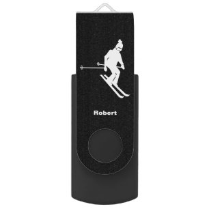 Personalized White Silhouette Skier Skiing Ski Flash Drive