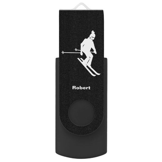 Personalized White Silhouette Skier Skiing Ski    Flash Drive (Back (Vertical))