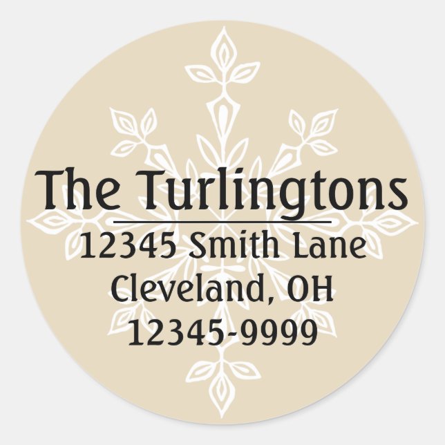 Personalized White Snowflake Return Address Classic Round Sticker (Front)