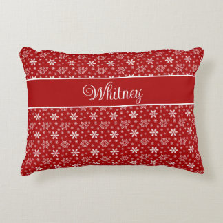 Personalized White Snowflakes on Red Accent Pillow