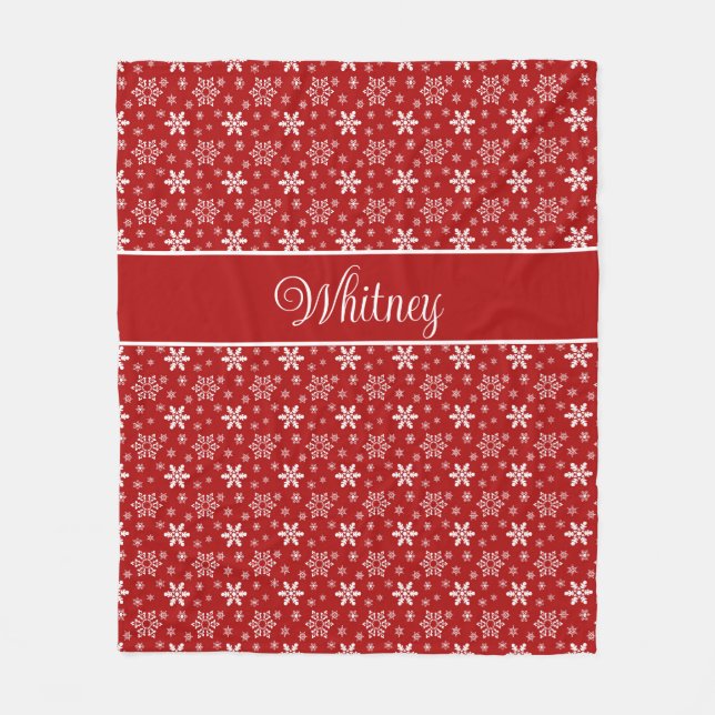 Personalized White Snowflakes on Red  Fleece Blanket (Front)