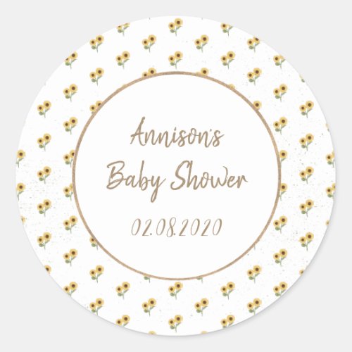 Personalized White Sunflower Pattern Baby Shower Classic Round Sticker