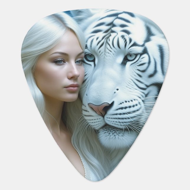 Personalized White Tiger and Ethereal Woman Guitar Pick (Front)