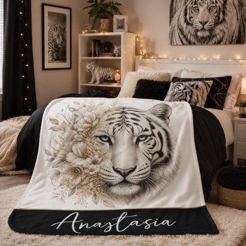 Personalized White Tiger Sherpa Blanket with Name