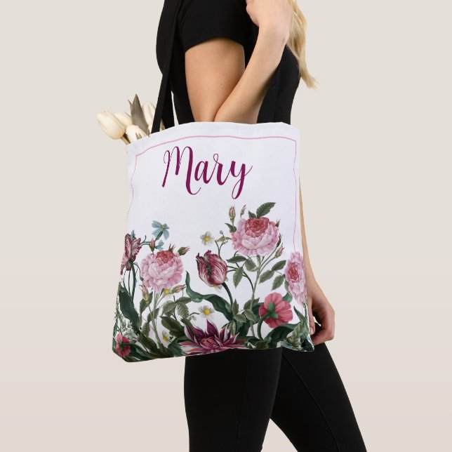 Personalized White Tote Bag - Floral Pattern (Close Up)
