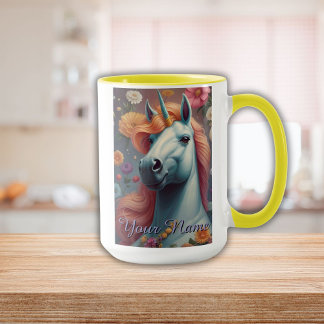 Personalized White Unicorn Flower Portrait Mug