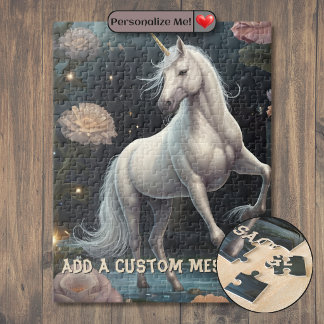 Personalized White Unicorn Flowers Jigsaw Puzzle
