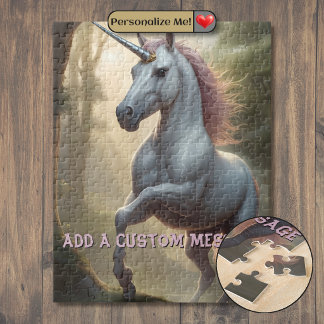 Personalized White Unicorn in Forest Jigsaw Puzzle