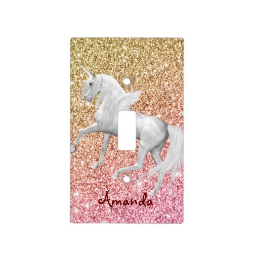 Personalized white unicorn pink and gold glam light switch cover