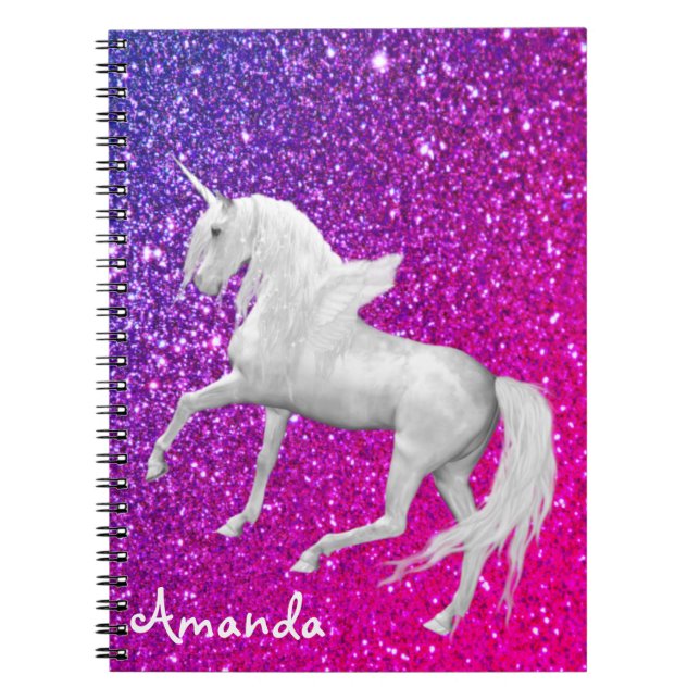 Personalized white unicorn pink purple glam notebook (Front)
