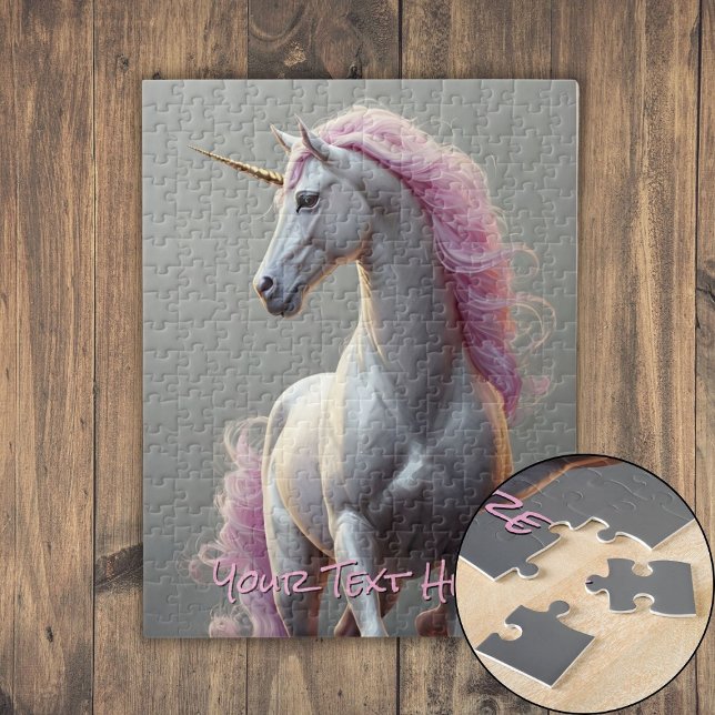 Personalized White Unicorn with Pink Mane Jigsaw Puzzle (Personalized White Unicorn with Pink Mane Jigsaw Puzzle)