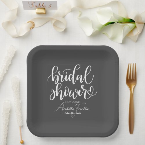 Personalized White Wedding Bridal Shower Dark Grey Paper Plates