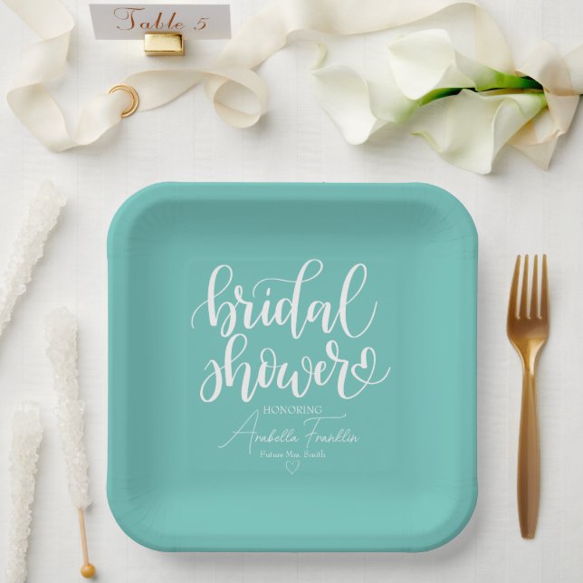 Personalized White Wedding Bridal Shower Teal Paper Plates (Wedding)