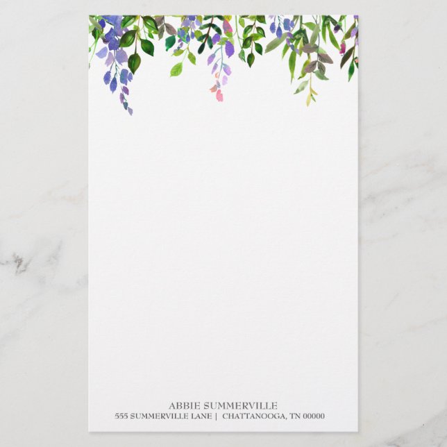 Personalized White with Purple Floral Stationery (Front)