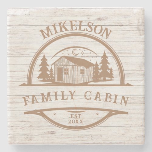 Personalized White Wood Family Cabin Stone Coaster