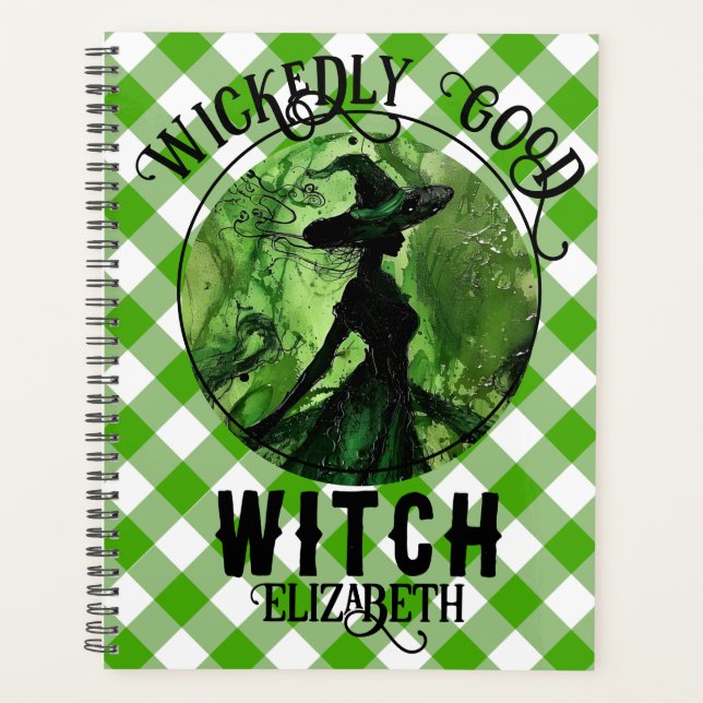 Personalized Wickedly Good Witch Green Gingham Planner (Front)