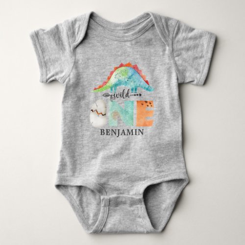 Personalized WILD Dinosaur First Birthday Grey Baby Bodysuit