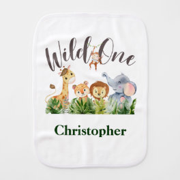 Personalized Wild One Baby Animals Jungle Safari Baby Burp Cloth