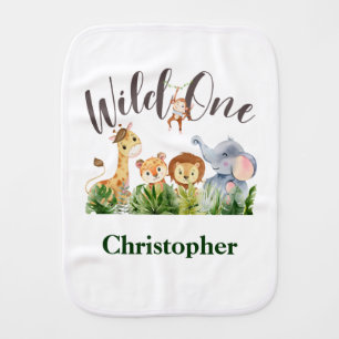 Personalized Wild One Baby Animals Jungle Safari Baby Burp Cloth