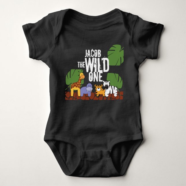 Personalized WILD ONE Blue Safari 1st Birthday Baby Bodysuit (Front)