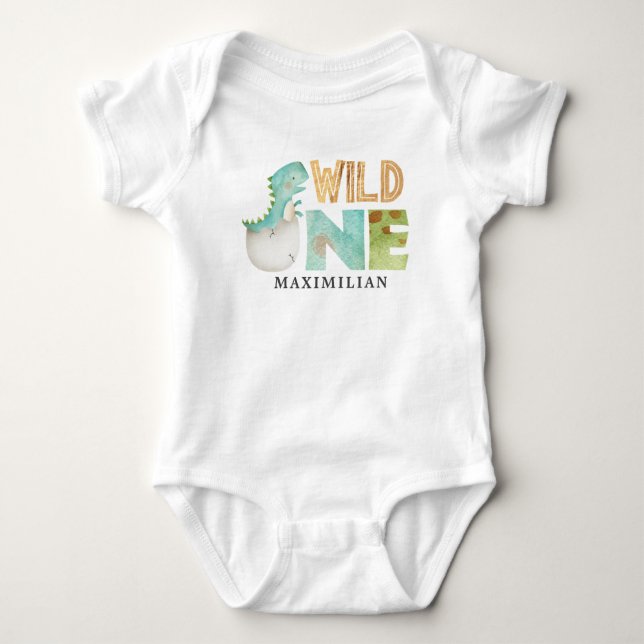 Personalized WILD ONE Dinosaur 1st Birthday Baby Bodysuit (Front)